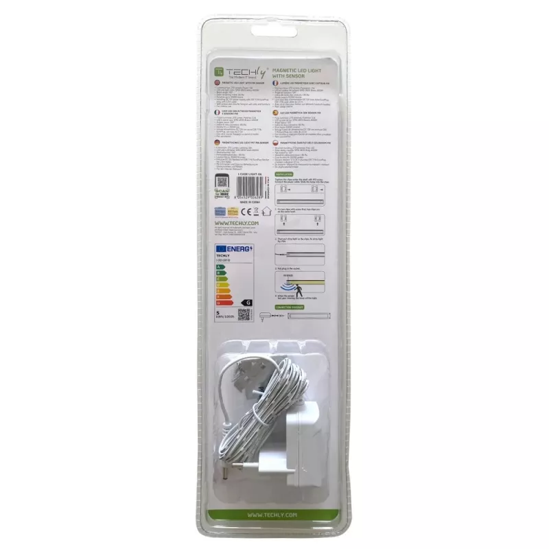 Techly 026289 magneettinen LED-valopaneeli 19 tuuman rack-kaapille, liike- ja kosketusanturi, 12 V DC -verkkolaite, 3 m kaapeli