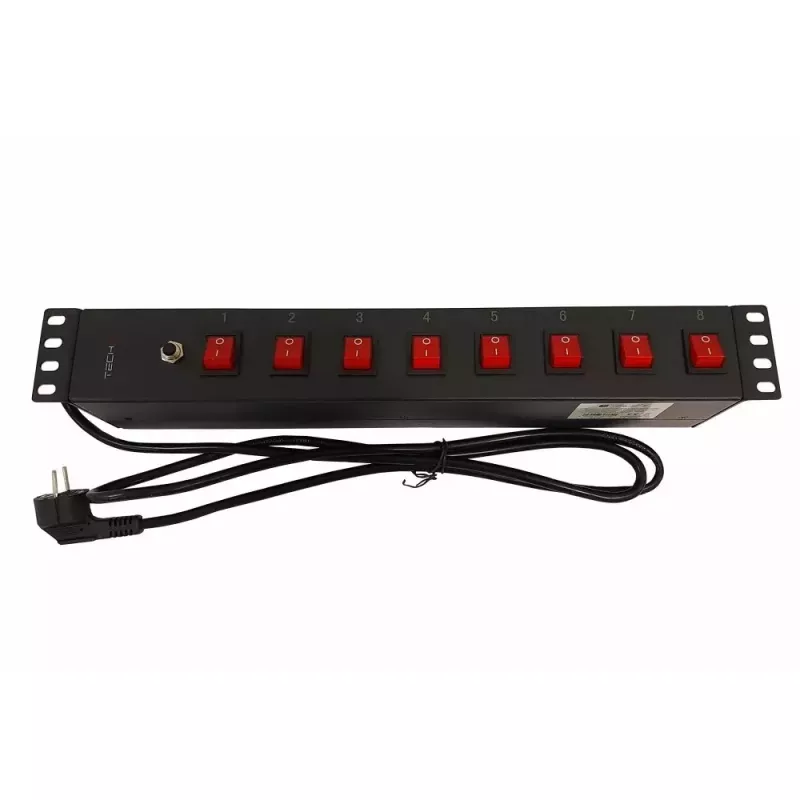 Techly 8-osainen 19 inch rack Power Strip 8 PÄÄLLE/POIS-kytkimellä 1,5HE