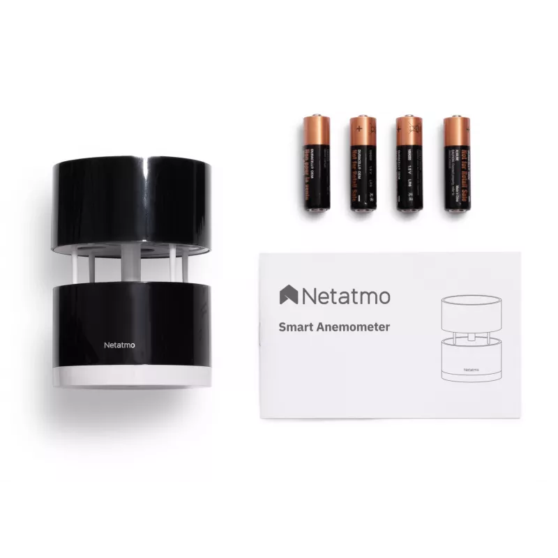 Netatmo NWA01-WW älykäs tuulimittari sääasemalle, tuulen nopeus ja suunta, langaton, Wi-Fi, 0–45 m/s, 100 m kantama, 4x AA, musta, läpinäkyvä