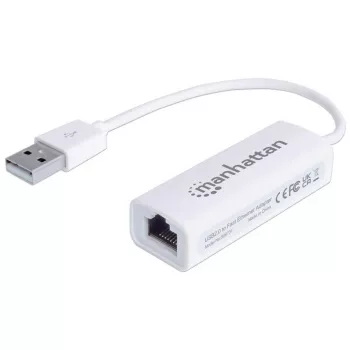 Manhattan USB-A Fast Ethernet -sovitin, 10/100 Mbit/s verkko, 480 Mbit/s (USB 2.0), Hi-Speed USB, RJ45, valkoinen, kolmen vuoden takuu