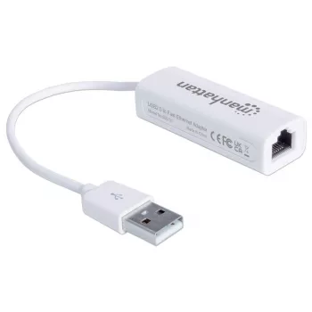 Manhattan USB-A Fast Ethernet -sovitin, 10/100 Mbit/s verkko, 480 Mbit/s (USB 2.0), Hi-Speed USB, RJ45, valkoinen, kolmen vuoden takuu