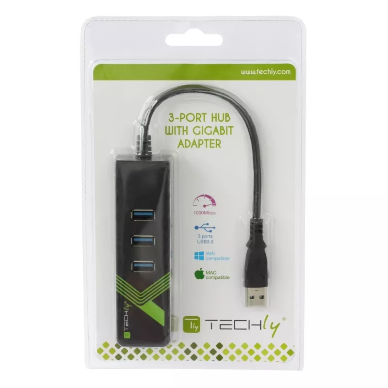 Techly IDATA-USB-ETGIGA-3U2 (105803) USB 3.0 – Gigabit Ethernet -sovitin 3-porttisella USB 3.0 -keskittimellä, USB-A, RJ45, alumiini