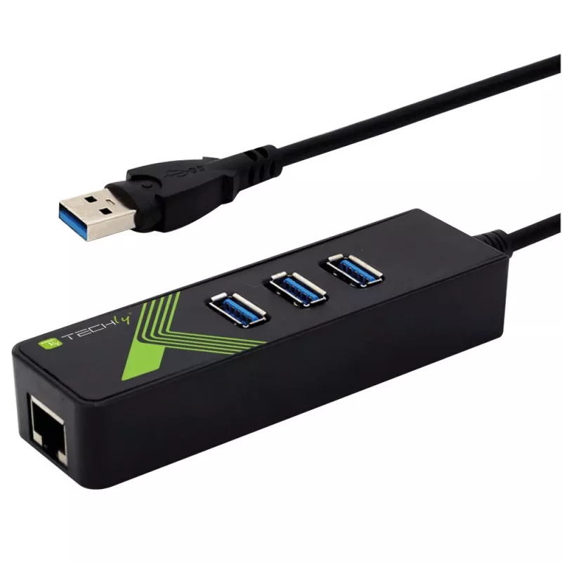 Techly IDATA-USB-ETGIGA-3U2 (105803) USB 3.0 – Gigabit Ethernet -sovitin 3-porttisella USB 3.0 -keskittimellä, USB-A, RJ45, alumiini