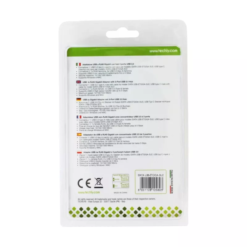 Techly IDATA-USB-ETGIGA-3U2 (105803) USB 3.0 – Gigabit Ethernet -sovitin 3-porttisella USB 3.0 -keskittimellä, USB-A, RJ45, alumiini