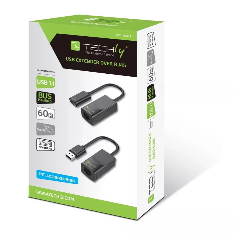 Techly IUSB-EXTENDTY2 kaapeliadapteri RJ-45 USB 2.0 Type-A musta