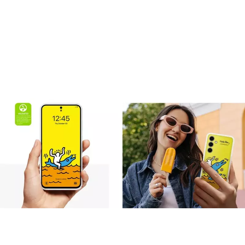 Suojakotelo Samsung Keith Haring Flipsuit Case S24 FE:lle keltainen