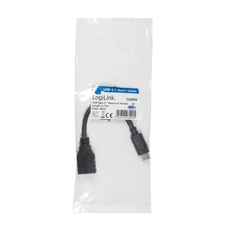 USB-kaapeli LogiLink USB C - USB A 0,15m CU0098 musta
