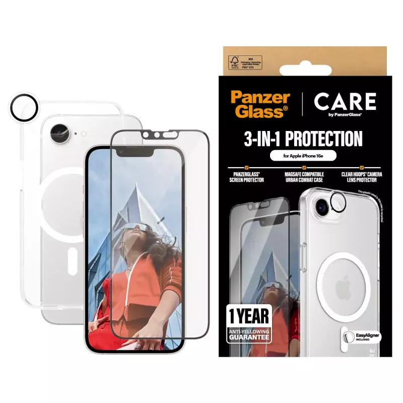 PanzerGlass CARE by ® Flagship 3-in-1 -paketti iPhone 16e naarmuuntumaton iskunkestävä