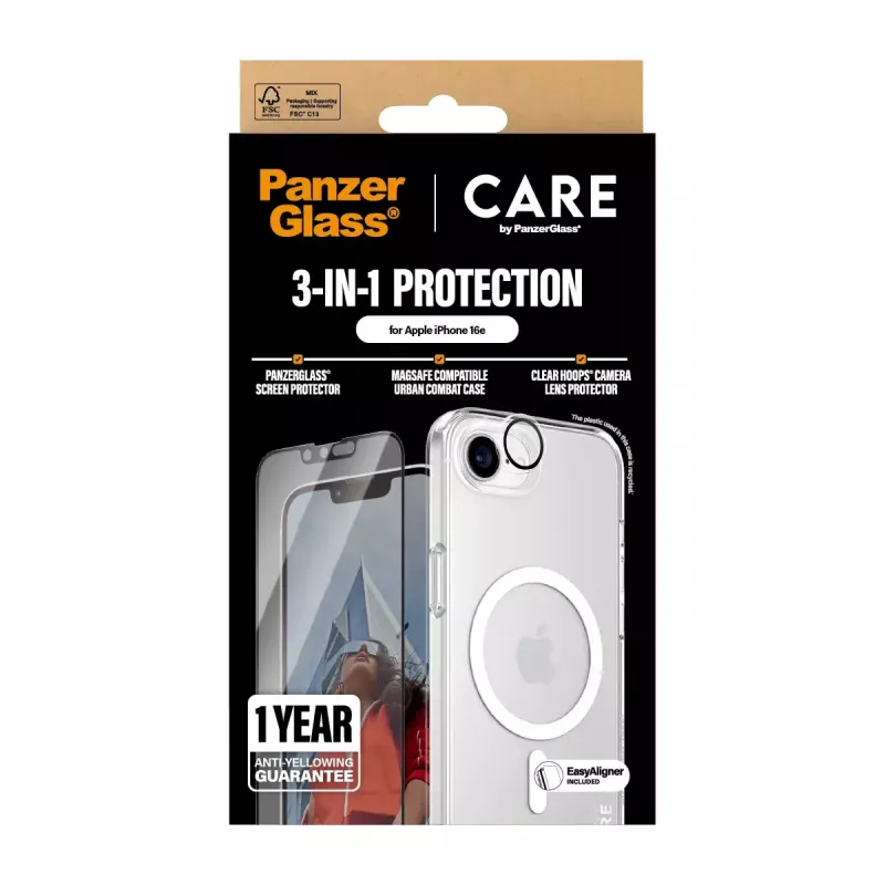 PanzerGlass CARE by ® Flagship 3-in-1 -paketti iPhone 16e naarmuuntumaton iskunkestävä