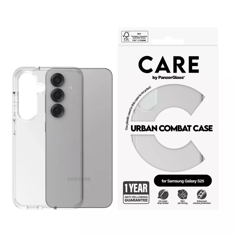 PanzerGlass suojakuori Samsung Galaxy S25, läpinäkyvä, Urban Combat kirkkaalla kehyksellä