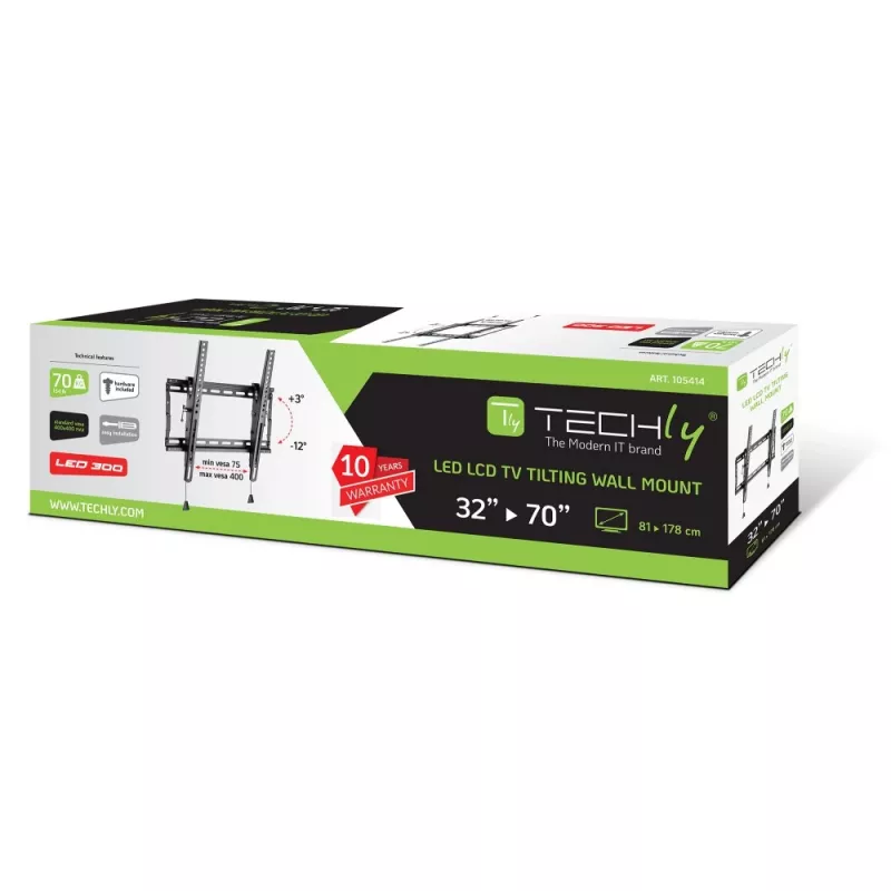 Techly ICA-PLB 59T television seinäteline 32-70 tuumaa (81-178 cm), kallistettava, 70 kg, ohut 49 mm, musta