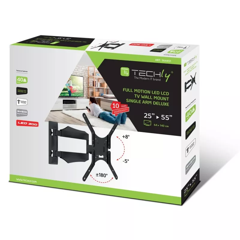 Techly ICA-PLB 271M television seinäteline 25-52 tuumaa, kääntyvä ja kallistettava, ohut, 40 kg, musta