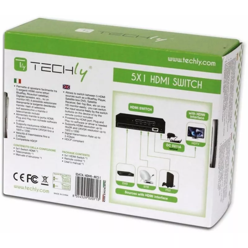 Techly 5 IN 1 OUT HDMI -kytkin kaukosäätimellä, 4Kx2K, 3D IDATA HDMI-4K51