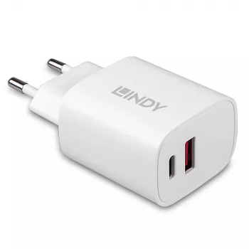 Sisälaturi Lindy 73413 — yleinen AC 100–240 V, lähtö 12 V 3 A, USB-A + USB-C, valkoinen