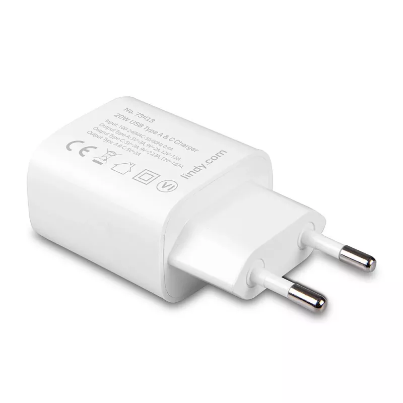 Lindy 73413 USB-A- ja USB-C-laturi, 20 W, Power Delivery, 100–240 V, valkoinen
