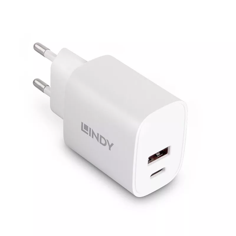 Lindy 73413 USB-A- ja USB-C-laturi, 20 W, Power Delivery, 100–240 V, valkoinen