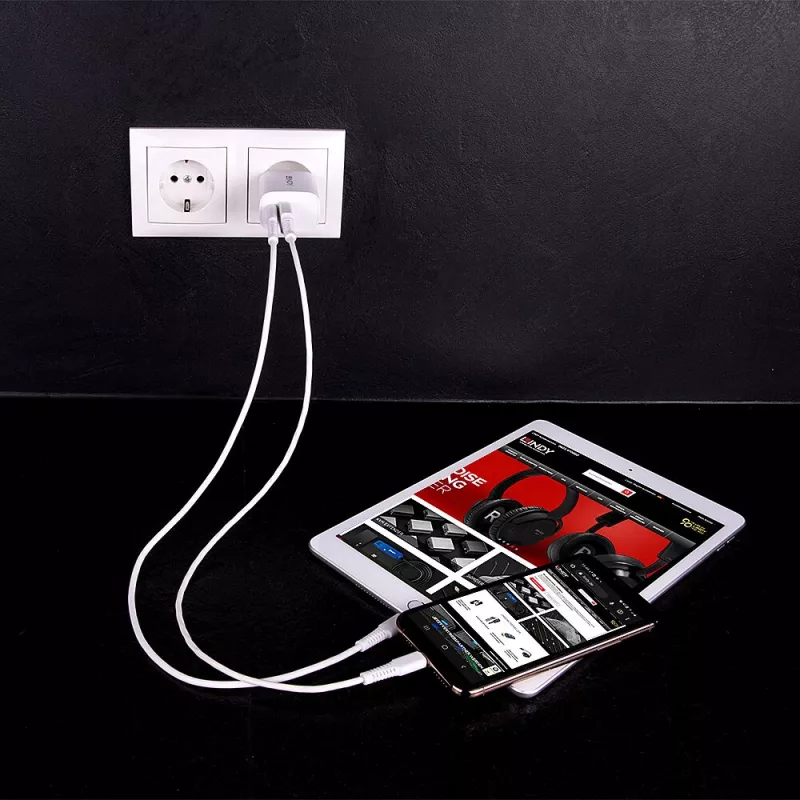 Lindy 73413 USB-A- ja USB-C-laturi, 20 W, Power Delivery, 100–240 V, valkoinen