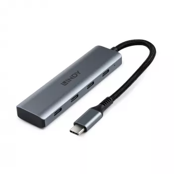 Lindy 4 portin USB 3.2 Gen 2 Type-C-keskitin, USB 3.2 Gen 2 (3.1 Gen 2) Type-C, USB 3.2 Gen 2 (3.1 Gen 2) Type-C, 10000 Mbit/s, harmaa, alumiini, muovi, pyöreä kaapeli