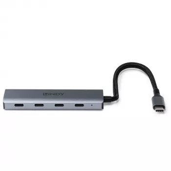 Lindy 4 portin USB 3.2 Gen 2 Type-C-keskitin, USB 3.2 Gen 2 (3.1 Gen 2) Type-C, USB 3.2 Gen 2 (3.1 Gen 2) Type-C, 10000 Mbit/s, harmaa, alumiini, muovi, pyöreä kaapeli