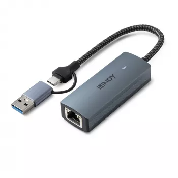 Lindy USB 3.2 Gen 1 – 5G Ethernet-muunnin, USB 3.2 Gen 2 (3.1 Gen 2) Type-C, 5000 Mbit/s, harmaa, alumiini, muovi, pyöreä kaapeli, 0,15 m