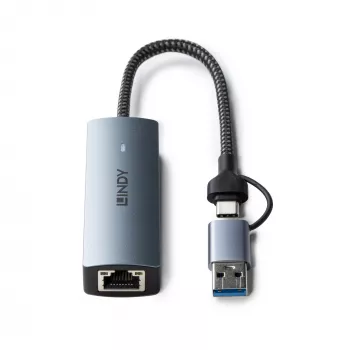 Lindy USB 3.2 Gen 1 – 5G Ethernet-muunnin, USB 3.2 Gen 2 (3.1 Gen 2) Type-C, 5000 Mbit/s, harmaa, alumiini, muovi, pyöreä kaapeli, 0,15 m