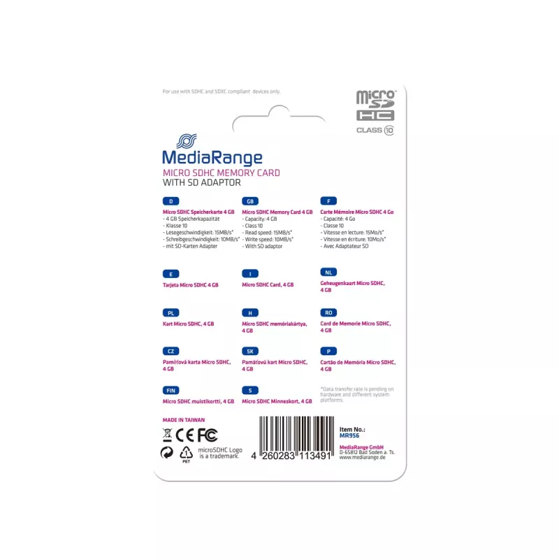 MediaRange 4 GB MicroSDHC Class 10 MR956 muistikortti