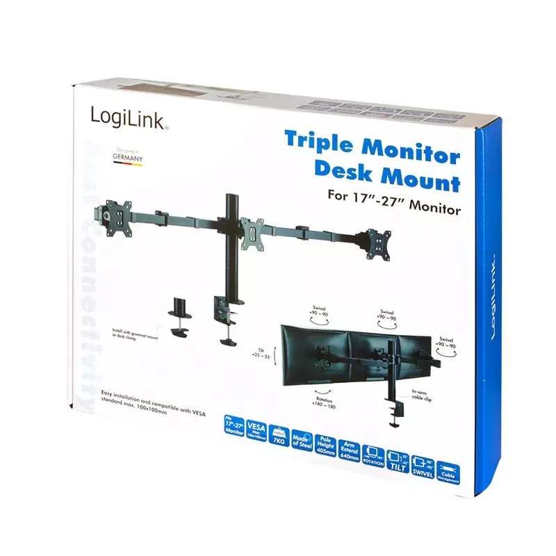 LogiLink BP0107 pöytäteline kolmelle näytölle, 17-27 tuumaa, 7 kg per varsi, VESA 75x75/100x100, teräs, musta