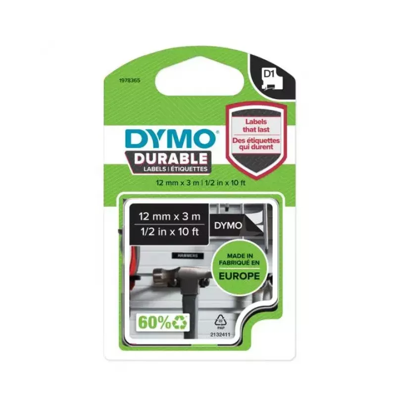 DYMO Authentic D1 Durable -tarrat | valkoinen teksti mustalla nauhalla | 12 mm x 3 m | merkintänauha LabelManager-tarratulostimille