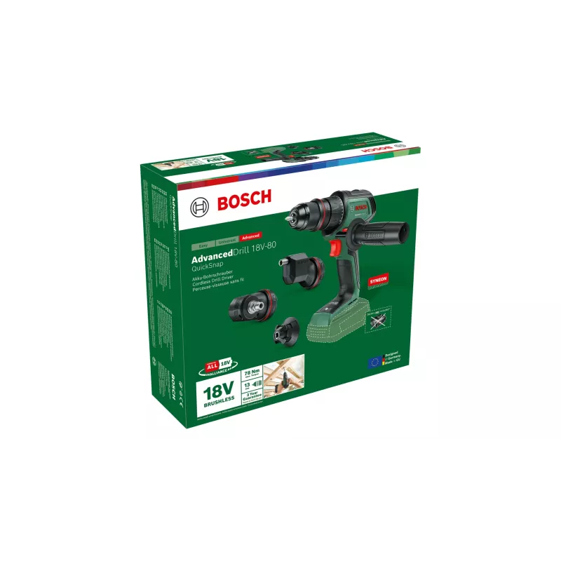 Akkuporakone Bosch AdvancedDrill 18V-80 QuickSnap Solo — 18 V, kompakti, vihreä/musta