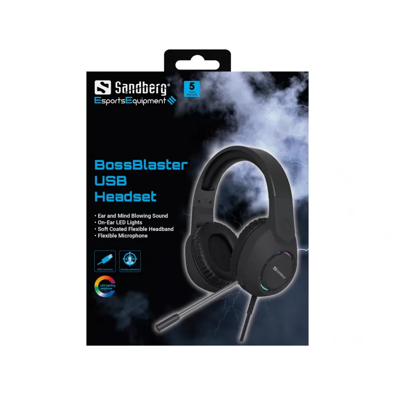 Headset SANDBERG BossBlaster USB — johdollinen peliheadset, 20–20000 Hz, 2 m kaapeli, 240 g, musta