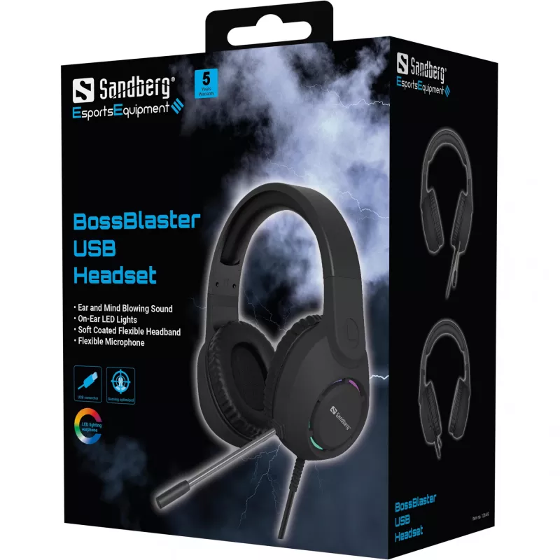 Headset SANDBERG BossBlaster USB — johdollinen peliheadset, 20–20000 Hz, 2 m kaapeli, 240 g, musta