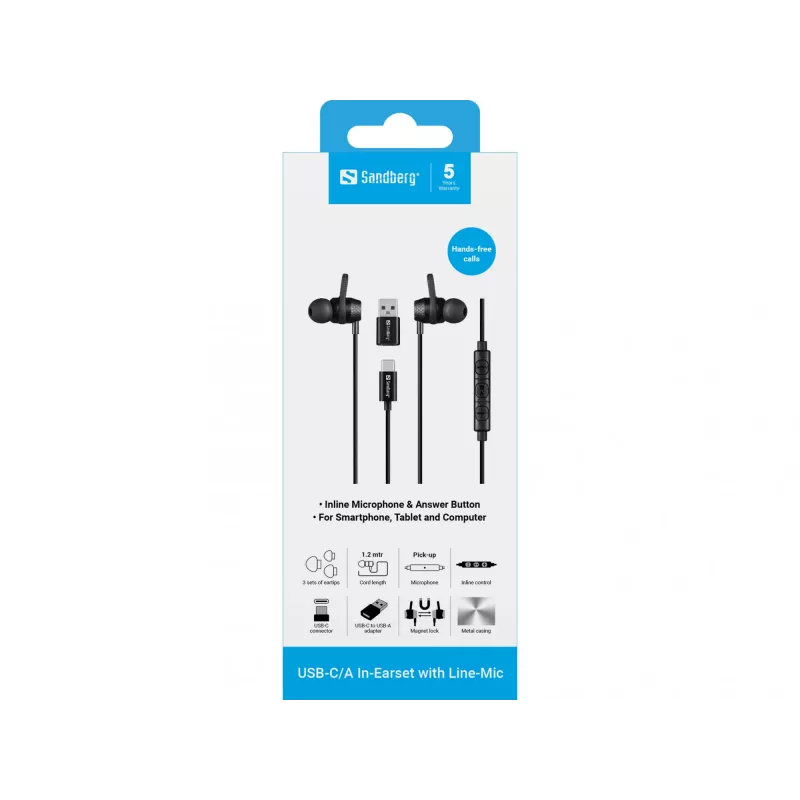 Headset Sandberg USB-C/A in-ear-set line-mikrofonilla