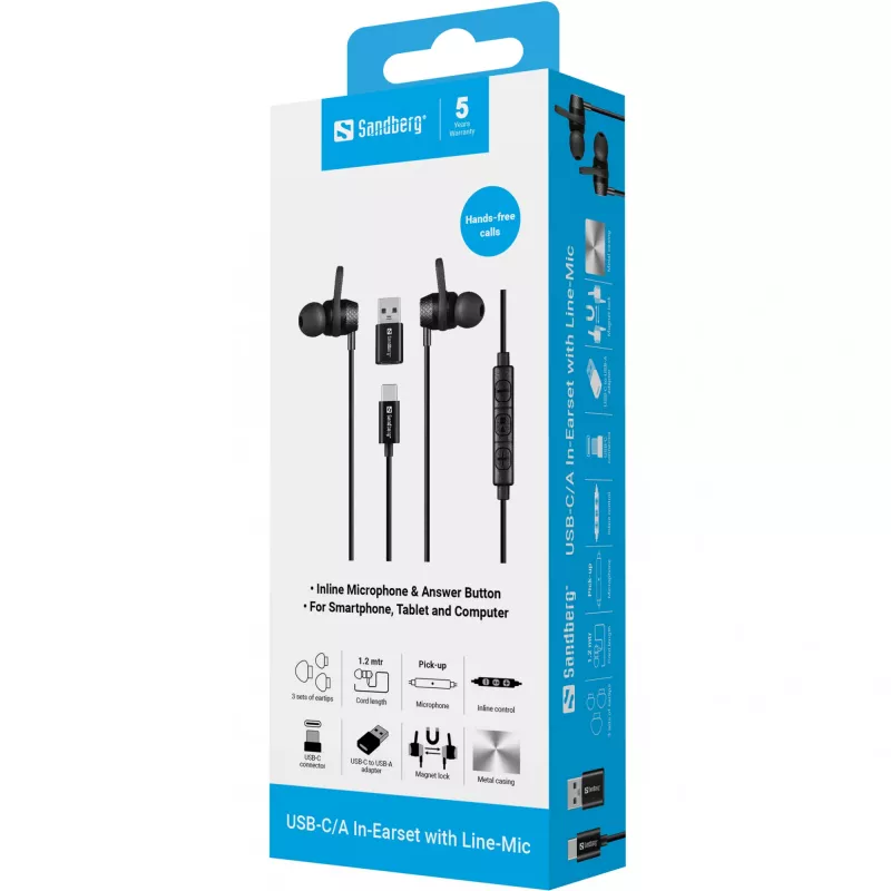 Headset Sandberg USB-C/A in-ear-set line-mikrofonilla