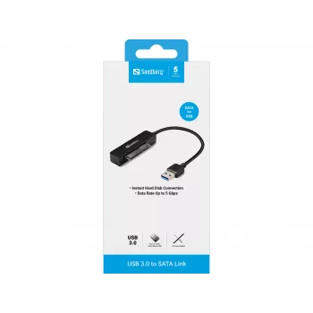 Sandberg USB 3.0 SATA-linkki, musta, 5 Gbit/s, 20 g, 77 mm, 18 mm, 193 mm