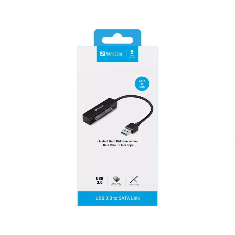 Sandberg USB 3.0 SATA-linkki, musta, 5 Gbit/s, 20 g, 77 mm, 18 mm, 193 mm