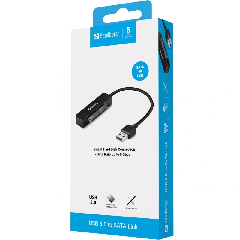 Sandberg USB 3.0 SATA-linkki, musta, 5 Gbit/s, 20 g, 77 mm, 18 mm, 193 mm