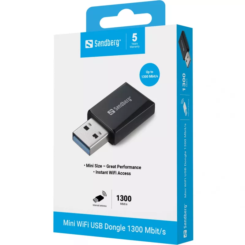 Mini WiFi -dongle Sandberg 1300 Mbit/s USB Type-A dual-band