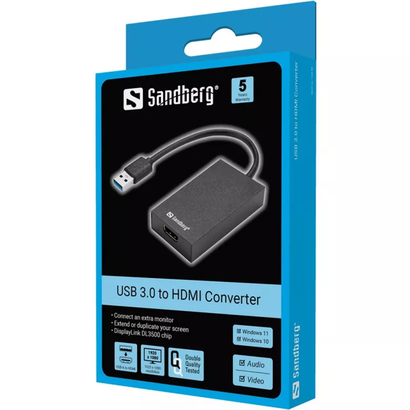 Sandberg USB 3.0 HDMI-muunnin musta passiivinen videomuunnin