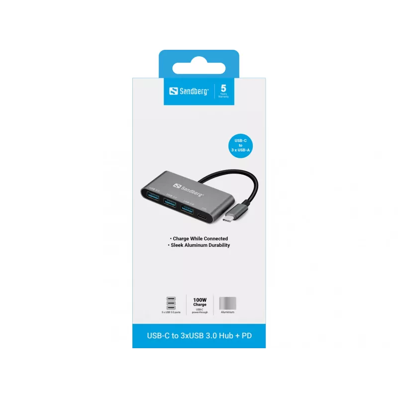 USB-C 3xUSB 3.0 -keskittimeen + PD Sandberg 136-03