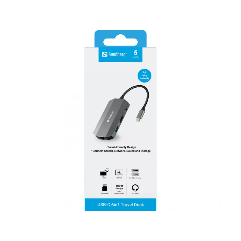 USB-C-telakka Sandberg 6in1 Travel Dock