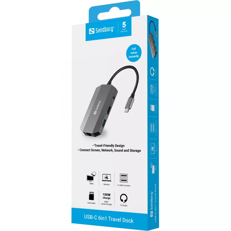 USB-C-telakka Sandberg 6in1 Travel Dock