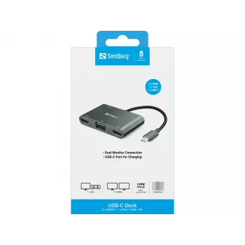 Sandberg USB-C -telakka 2xHDMI+1xVGA+USB+PD