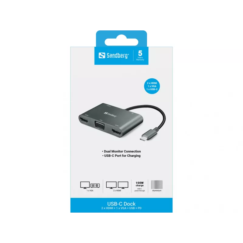 Sandberg USB-C -telakka 2xHDMI+1xVGA+USB+PD