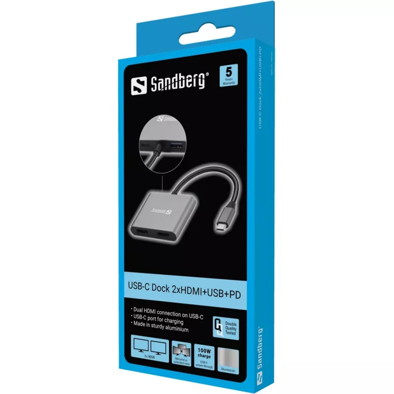 Sandberg USB-C -telakka 2xHDMI+USB+PD enimmäisresoluutio 3840x2160