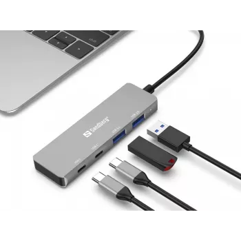 Sandberg USB-C 2xUSB-A + 2xUSB-C -keskitin harmaa alumiini
