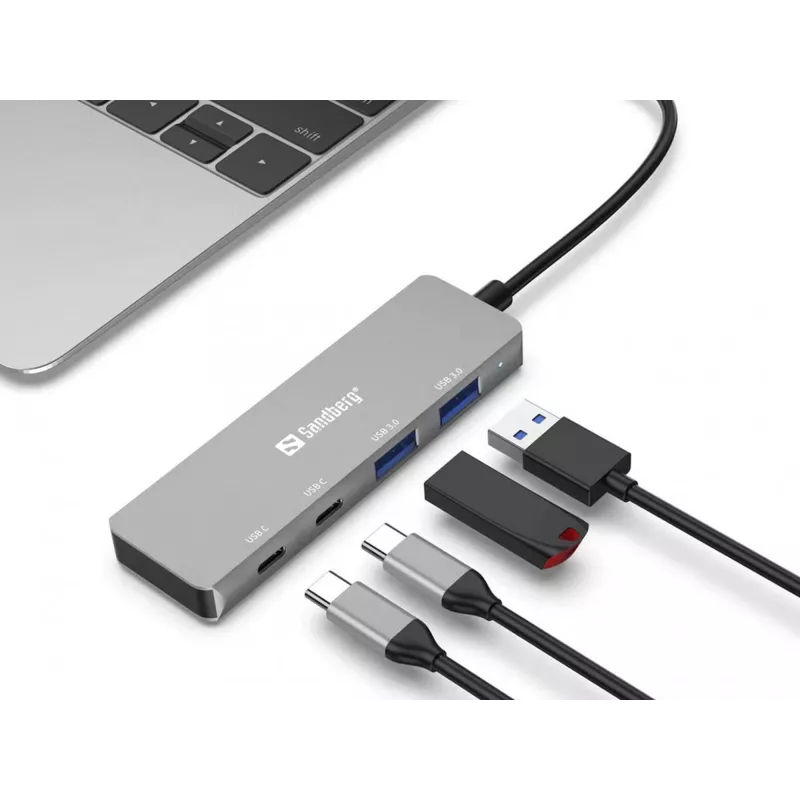 Sandberg USB-C 2xUSB-A + 2xUSB-C -keskitin harmaa alumiini
