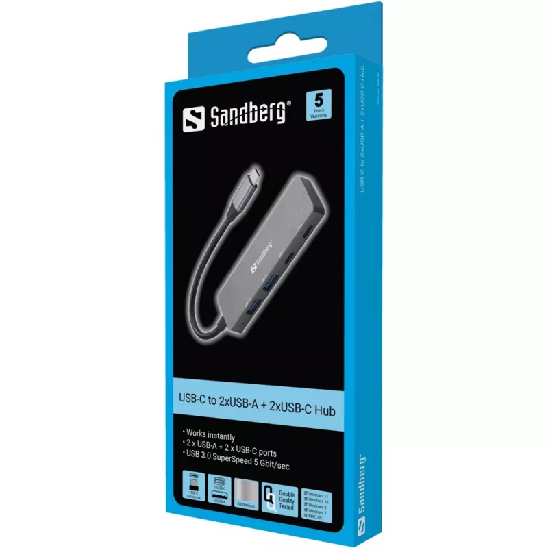Sandberg USB-C 2xUSB-A + 2xUSB-C -keskitin harmaa alumiini