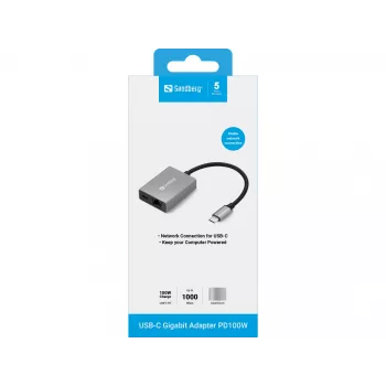 Sandberg USB-C Gigabit-sovitin PD100W USB Type-C RJ-45 1 Gbit/s harmaa