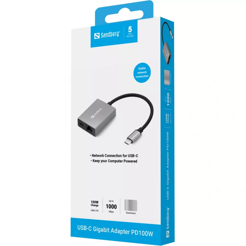 Sandberg USB-C Gigabit-sovitin PD100W USB Type-C RJ-45 1 Gbit/s harmaa