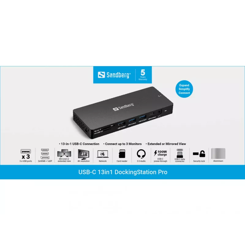 Sandberg USB-C 13in1 DockingStation Pro johdollinen USB 3.2 Gen 1 Type-C